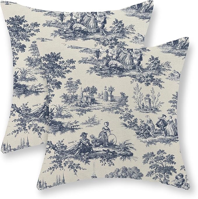 French Country Pillow Covers 18x18 Set of 2 Vintage Toile Blue Throw Pillows French Country Outdoor Decorative Pillowcase Rustic Cottage Decor Linen Farmhouse Cushion Case for Couch Bed Sofa