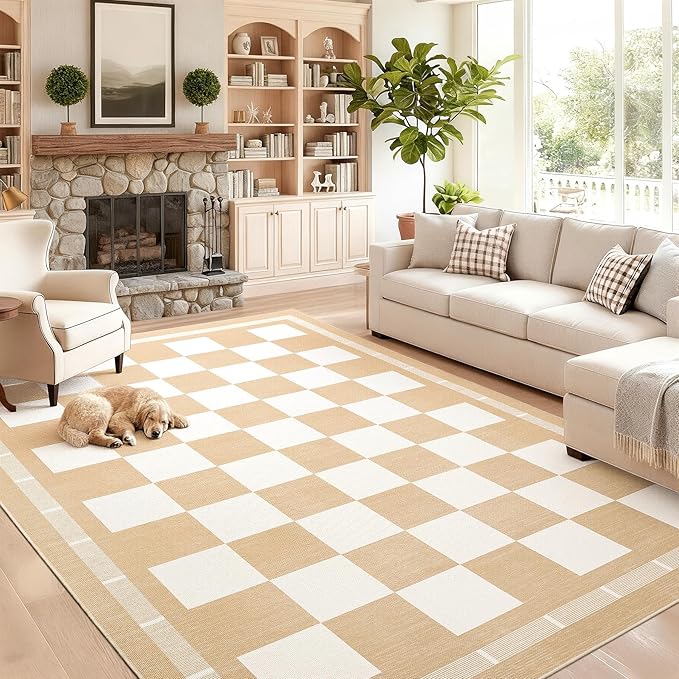 Vasofe Checkered Jute Rugs, 6x9 Large Washable Outdoor Patio Rug, Living Room Bedroom Dining Room Indoor Carpet, Non Slip Modern Farmhouse Neutral Geometric Porch Classroom Mat, Khaki and White