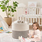 KAKAMAY Large Blanket Basket (18"x18"x16"),Woven Baby Laundry Hamper for Storage, Cotton Rope Blankets Baskets for Nursery, Laundry, Living Room, Pillows, Baby Toy chest with Handles (White/Beige)
