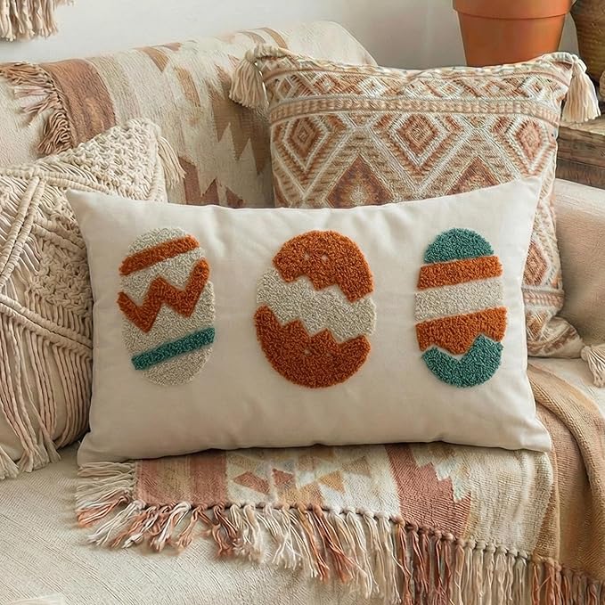 Tufted Easter Eggs Throw Pillow Cover with Soft Colorful Embroidery, Textured Fluffy Cotton Lumbar Pillow Case for Spring Farmhouse Sofa Couch Decoration, 12x20 inches, 1PCS (Cover Only)