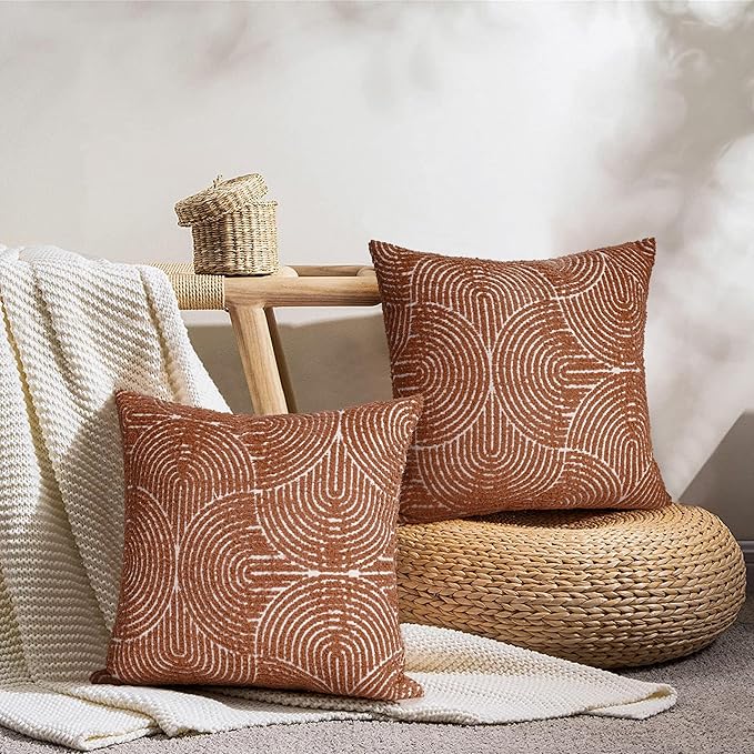 AELS Boho Decorative Textured Throw Pillow Covers 16x16, Modern Mid Century Rainbow Tufted Pillow Case, Farmhouse Rustic Geometric Woven Cushion Case for Bed Couch Sofa, Burnt Orange
