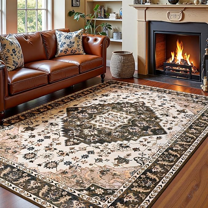 Amearea Vintage Design Area Rugs for Living Room, 4x6 Machine Washable Floral Collection Traditional Bedroom Rug, Low Pile Cute Kids Room Print Carpet, No Slip Office Kitchen Home Decor, Brown