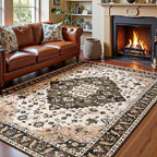 Amearea Vintage Design Area Rugs for Living Room, 6x9 Machine Washable Floral Collection Traditional Bedroom Rug, Low Pile Cute Kids Room Print Carpet, No Slip Office Kitchen Home Decor, Brown