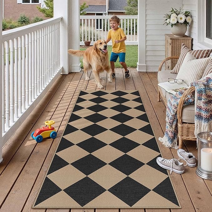 2x6 Checkered Easy Jute Runner Rug Non Slip Hallway Kitchen Washable Outdoor Rug for Entryway Indoor Checkerboard Black Indoor Outdoor Carpet for Bedside Entry Front Door Porch