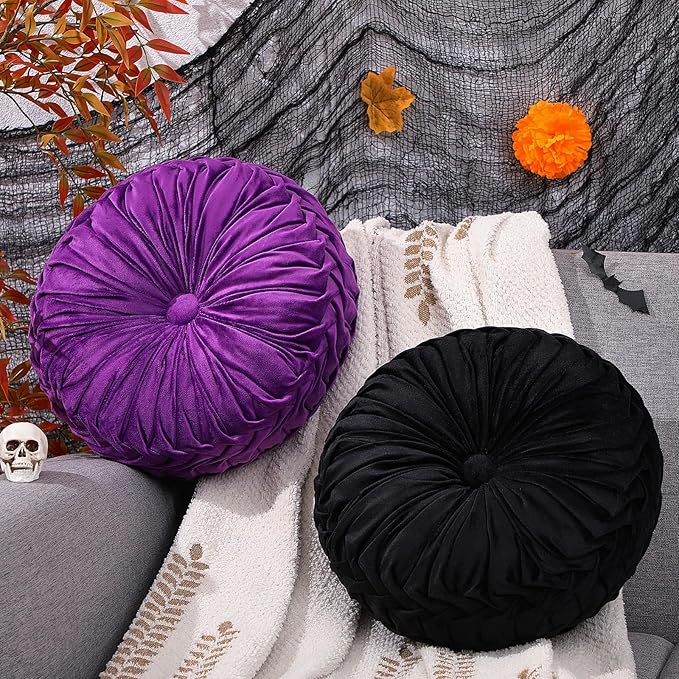 2 Pcs Round Throw Pillows 15 Inch Decorative Velvet Pleated Pumpkin Pillows Boho Floor Pillow with Center Button for Living Room Couch Chair Bed Sofa Home Decoration (Black and Purple)