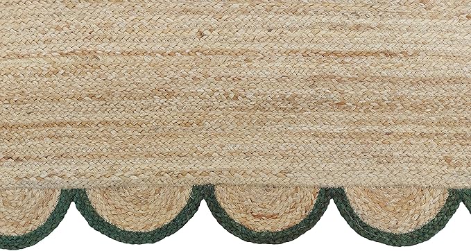Scalloped Natural Jute Area Rug, Green Trim, 2'x3'