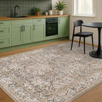 Dining Room Rugs for Under Table - 6x8 Washable Moss Green Area Rug for Living Room, Low Pile Non-Slip Floor Carpet for Bedroom - Vintage Olive Taupe Design & Stain Resistance