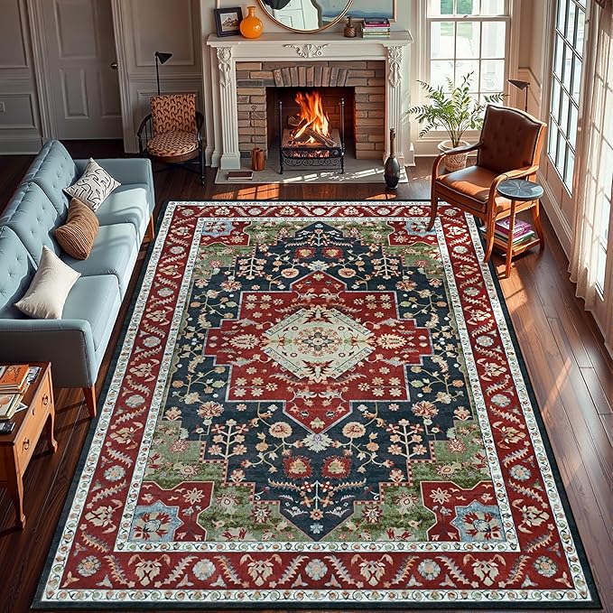 YJ.GWL Area Rugs for Living Room 6x9 Machine Washable Rugs, Non Slip Floral Vintage Rug Indoor Carpet, Stain Resistant Large Rug for Bedroom Dining Room, Red Green