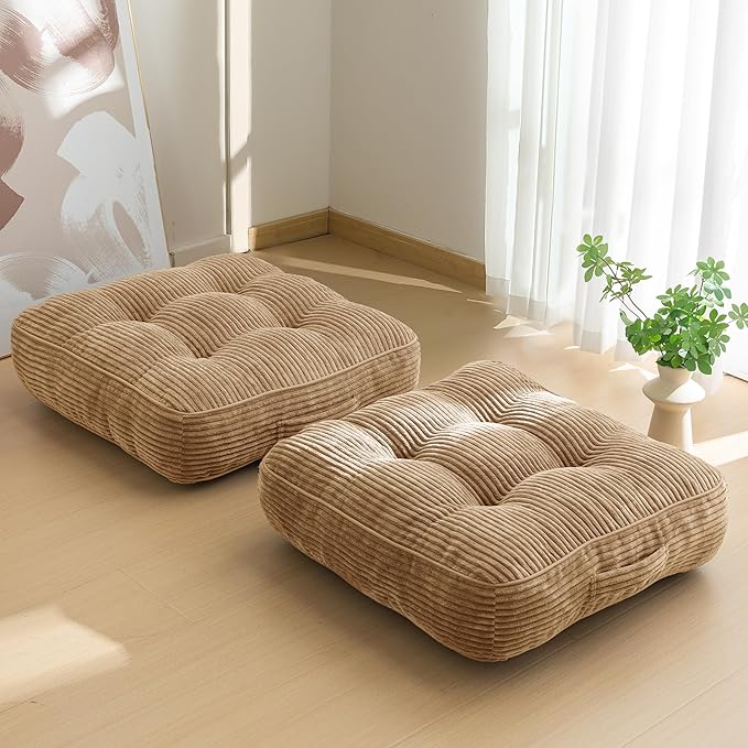 HIGOGOGO 6" Extra Thick Floor Pillow Cushion for Adults, Meditation Cushion Pillow, Large Square Floor Sitting, Tufted Corduroy Cover, for Tatami Living Room or Yoga, 22x22 Inch, 2Pack, Coffee