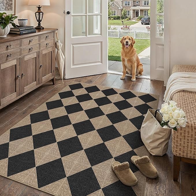 4x6 Checkered Easy Jute Area Rug for Living Room Checkerboard Washable Indoor Outdoor Carpet Farmhouse Patio Office Mat Textured Diamond Non Slip Black Carpet for Dorm Backyard Dining Room