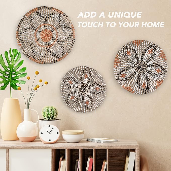 Clinton Calicep & Nicolea Woven Wall Basket Decor Set of 3 - Modern Boho Rustic Wicker Hanging Wall Baskets - Natural Decorative Storage for Bedroom, Kitchen, Living Room & Dining Room