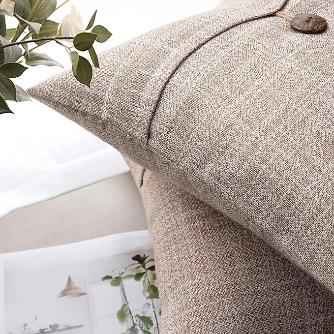 Phantoscope Pack of 2 Farmhouse Throw Pillow Covers Button Vintage Linen Decorative Pillow Cases for Couch Bed and Chair Beige, 18 x 18 inches 45 x 45 cm