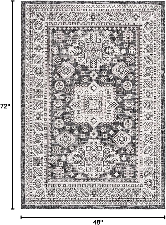 Rugs.com Outdoor Aztec Collection Rug – 4' x 6' Charcoal Gray Flatweave Rug Perfect for Living Rooms, Large Dining Rooms, Open Floorplans