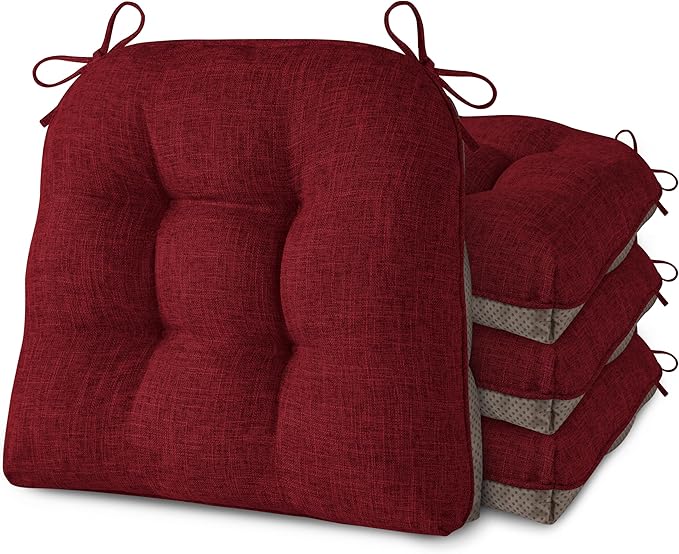 AddGrace Chair Cushions for Dining Chairs Set of 4 Kitchen Seat Cushions with Ties and Non Slip Backing Tufted Indoor Seat Pad for Kitchen Dining Room 18" x 17" x 3" Burgundy