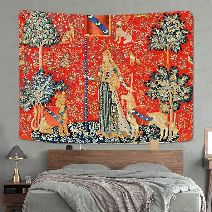 FEASRT European Royal Tapestry Medieval Princess Tapestry, 60x40 Inches Soft Flannelette, Lady and Unicorn for Living Room Bedroom Dorm Decor