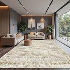 10x14 Area Rugs for Living Room, Non Slip Machine Washable Vintage Rugs, Low Pile Lightweight Large Rug for Bedroom, Dining Room, Home Office Brown Pink