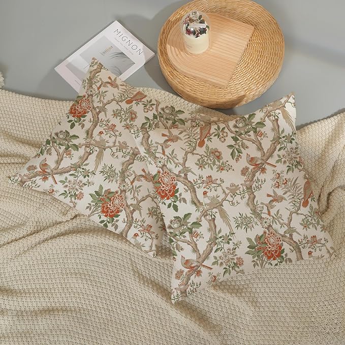 Chinoiserie Pillow Covers 18x18 Set of 2 Orange Green Bird Floral Throw Pillows Vintage Flowers Decorations Outdoor Pillowcase Chinoiserie Decor Farmhouse Linen Cushion Case for Couch Home