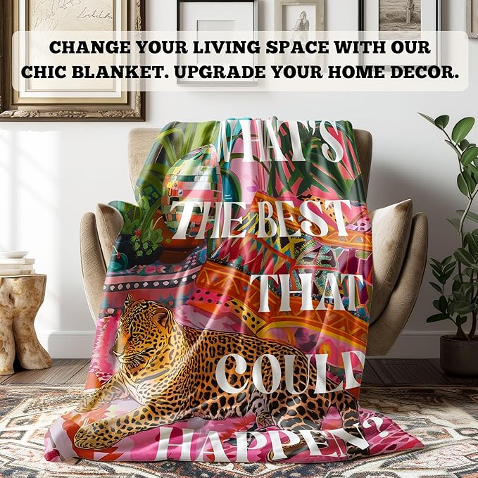 Trendy Preppy Leopard Blanket, Inspirational What's The Best That Could Happen Maximalist Cheetah Throw Blankets Gifts for Bed Couch Girly Room Bedroom Dorm Home Decor, 50x60 Inches