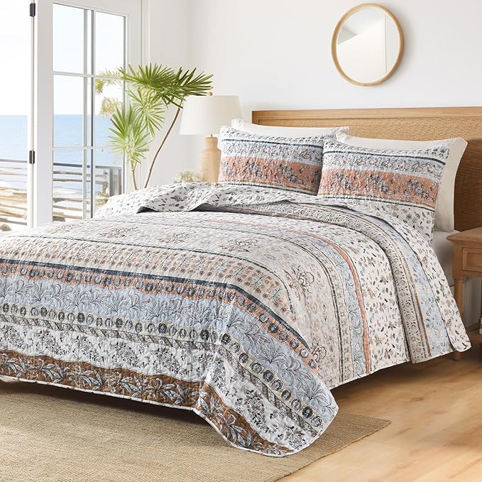 Boho Style Queen Quilt Set Mocha Brown Bohemian Floral Strip Quilt Beddding Set, Soft and Lightweight Bedspread for All Season, Full Size Bed Coverlet with 2 Matching Pillow Shams (3 Pieces)