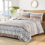 Boho Style King Quilt Set Mocha Brown Bohemian Floral Strip Quilt Beddding Set, Soft and Lightweight Bedspread for All Season, Oversize King Bed Coverlet with 2 Matching Pillow Shams (3 Pieces)
