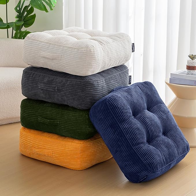 HIGOGOGO 8" Extra Thick Floor Pillow Cushion for Adults, Meditation Cushion Pillow, Large Square Floor Sitting, Tufted Corduroy Cover, for Tatami Living Room or Yoga, 22x22 Inch, Dark Green
