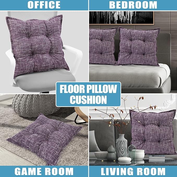 SINSOSSO Large Floor Pillows 22", Thickened Bite-Size Memory Foam Square Non-Slip Cushions for Office Back Support/Yoga/Chair Seat, Fashionable Color-Blocked Fabric & Washable, Purple, 2 PCS