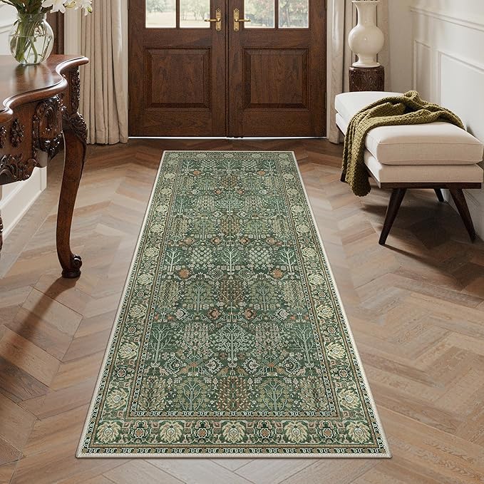 Bavni 2'6''x6 Rug Runners for Hallways, Washable Runner Rug Non Slip, Vintage Floral Print Style Rugs for Bedroom-Lightweight Low Pile Carpet for Hallways Bathroom, Forest Green