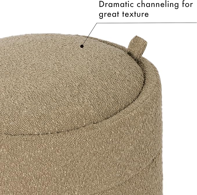 Spatial Order Storage Round Ottoman with Removable Lid (with Hidden Storage) | Spatial Order Home Décor | Upholstered Round Ottoman – Brown Boucle