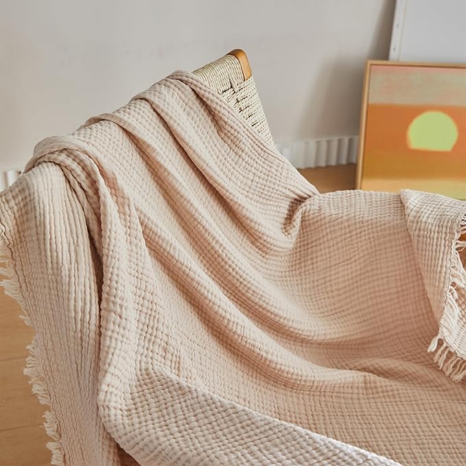 Simple&Opulence Cotton Muslin Throw Blanket 4 Layers for Bed, Couch, Woven Gauze Blanket with Tassels, Soft Lightweight Cozy Pre-Washed Breathable Farmhouse Decoration for All-Season(Light Khaki)
