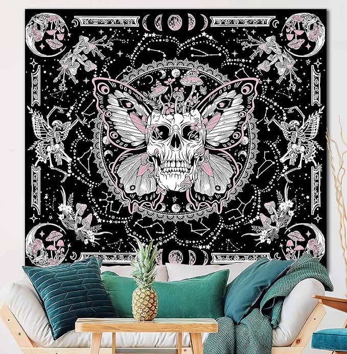 OIOVOIO Skeleton Butterfly Tapestry Skull Mushroom Wall Tapestries Hippie Nature Plants Floral Flower Aesthetic Tapestry Moon Phase Tapestries Wall Hanging for Living Room Dorm (Pink, 59” x 51”)