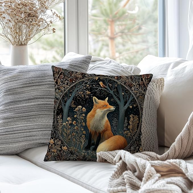 Dark Vintage William Morris Fox Floral Print Pillow Covers 18x18,Cottagecore Fox Decor,Dark Dcademia Animal Floral Decorative Throw Pillow Covers for Home Bedroom Living Room