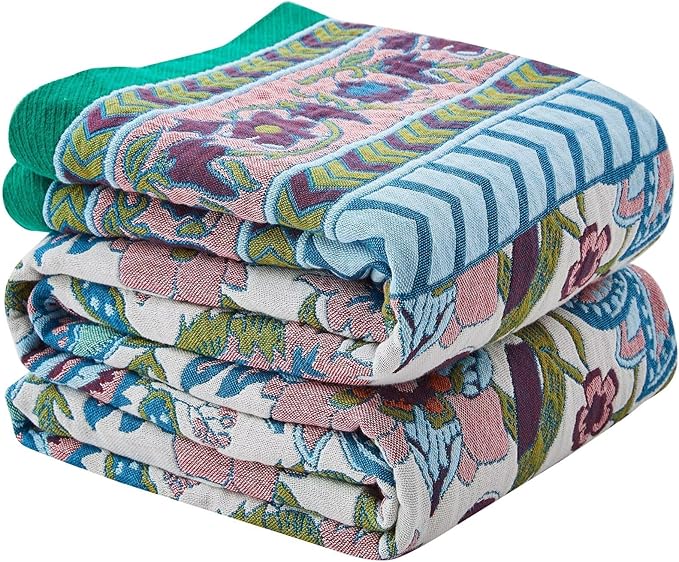 Boho Blanket Soft Muslin BohoThrow Blanket, 100% Cotton Floral Printed Farmhouse Decor All Season Reversible Rustic Throw for Sofa Couch Chair (White, 50"x60")