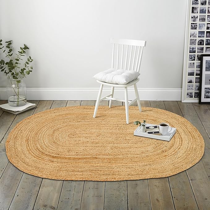 Hand Woven Jute Area Rug - 5' x 7' Feet - Rustic Beige Reversible Oval Rugs for Bedroom, Kitchen, Living Room - Vintage Natural Braided Entry Floor Décor Boho Oval Area Rugs 5x7 Feet