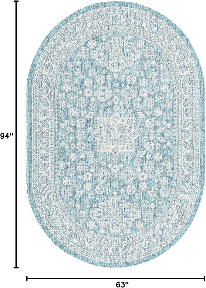Rugs.com Outdoor Aztec Collection Rug – 5' x 8' Oval Aqua Flatweave Rug Perfect for Living Rooms, Large Dining Rooms, Open Floorplans