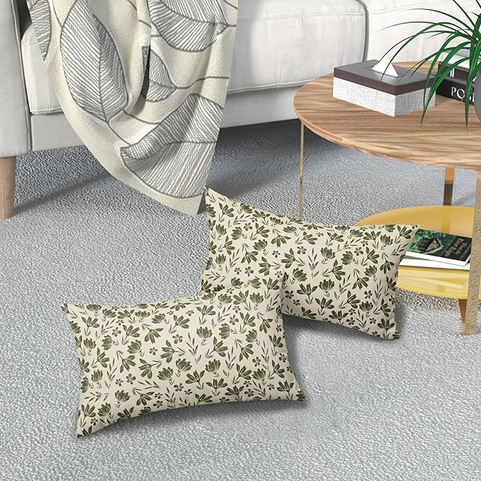 Olive Green Floral Pillow Covers 12x20 Set of 2 Vintage Rustic Old Style Cute Small Flower Green Cream Print Decorative Outdoor Pillowcases Farmhouse Throw Cushion Case Decor for Couch Sofa Bed