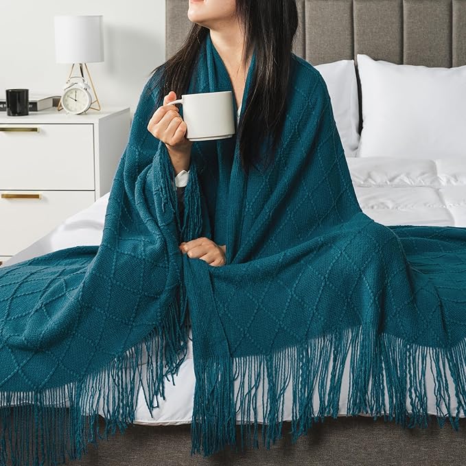 PAVILIA Teal Blue Knit Throw Blanket for Couch, Twin Bed, Soft Knitted Farmhouse Sofa Throw for Living Room, Lightweight Decorative Summer Blanket for Chair, Outdoor Textured Boho Blanket, 60x80