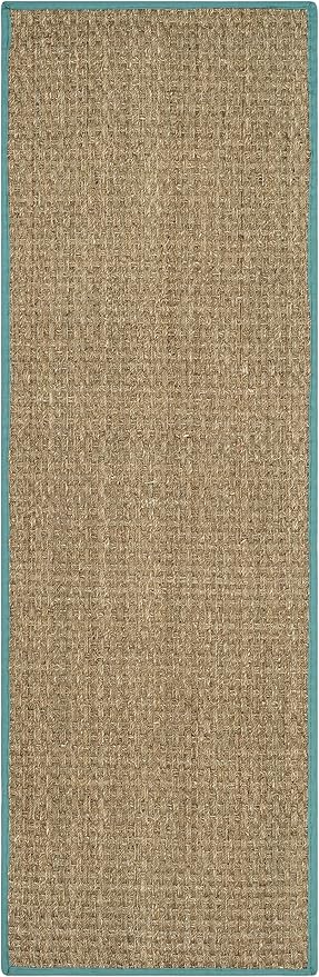 SAFAVIEH Natural Fiber Collection Runner Rug - 2'6" x 10', Natural & Teal, Seagrass, Basketweave Pattern with Border (NF114R)