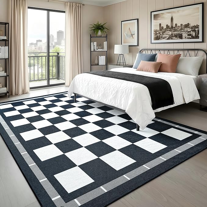 Vasofe Checkered Jute 6x9 Area Rugs, Washable Outdoor Patio Rug for Living Room Entrance Indoor Carpet, Non Slip Farmhouse Neutral Geometric Rugs for Bedroom Dining Room Backyard, Black and White