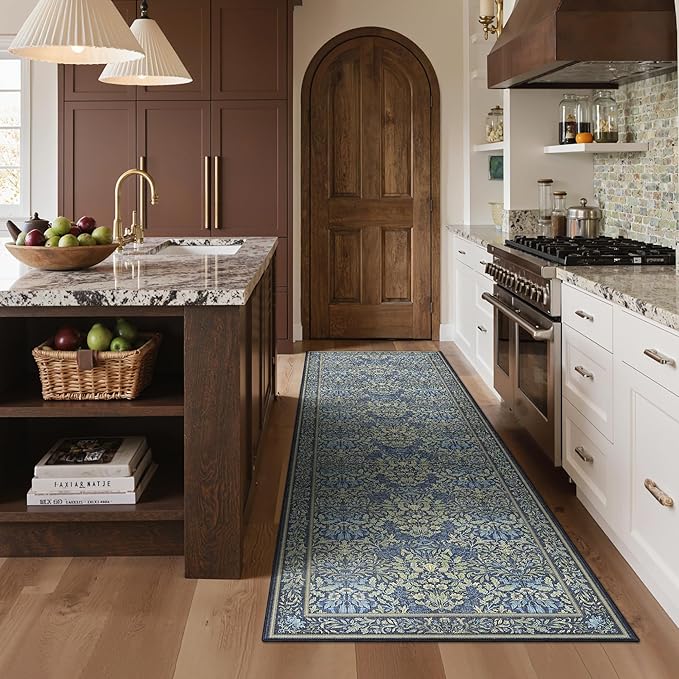 GENIMO Floral Washable Runner Rug 2’6”x8’, Non-Slip Long Hallway Carpet for Entryway, Kitchen, Indoor Floor Use, Vintage Boho Soft Thin Rug Décor, Dark Blue