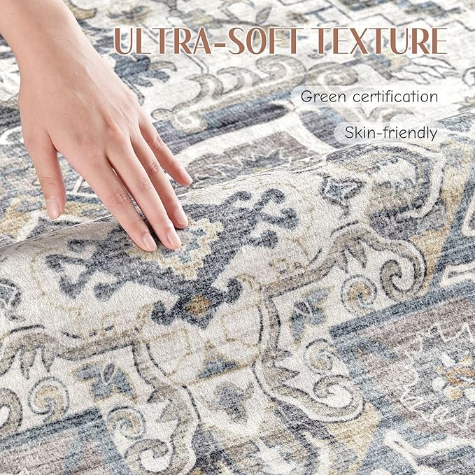 Washable Rug 8x10 Area Rugs: Boho Vintage Distressed Oriental Medallion Neutral Thin Large Rug Carpet for Living Room Bedroom Dining Room Home Office Decor - Light Blue