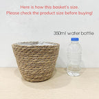 Small Basket Planter 7.1" x 5.9" Seagrass Containers, Hand Woven Wicker Cover Storage, Stylish Plastic Liners Straw Flower Jute Pots for Outdoor Indoor Use Mums Front Porch Room Decoration