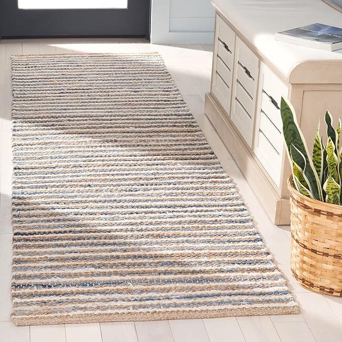 SAFAVIEH Cape Cod Collection Area Rug - 2'3" x 8' Runner, Natural/Blue, Geometric Design, Ideal for High Traffic Areas in Living Room, Bedroom, Dining (CAP151M)