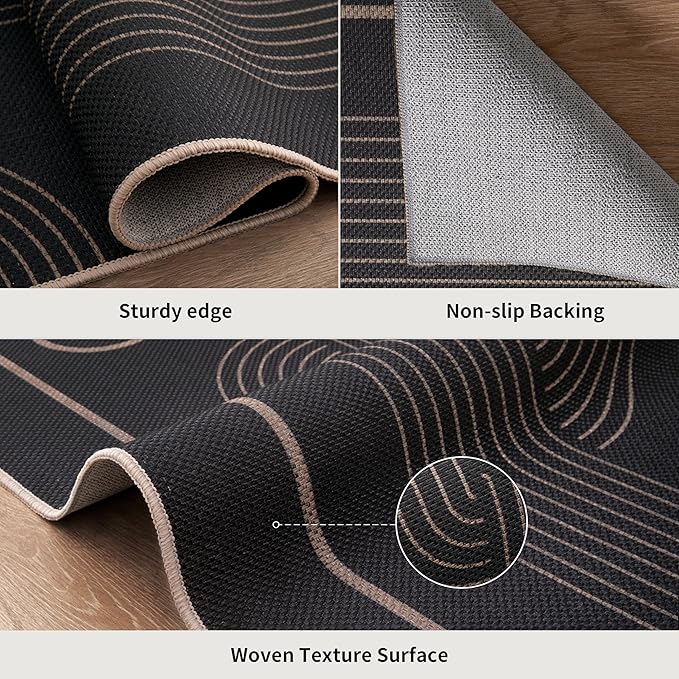 Tangsoo Easy Jute 8x10 Washable Area Rugs for Living Room,Black Thin Non Slip Indoor Outdoor Carpet,Farmhouse Morden Large Throw Mat for Balcony Backyard Dining Room Home Office Decor