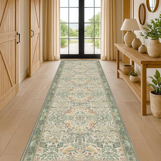 Sage Green10 ft Long Runner Rugs for Hallways - 3x10 Wide Kitchen Runners, Entryway Rug, with Flowers and Leaves, Washable Non Slip Low Pile Stain Resistant Vintage Style
