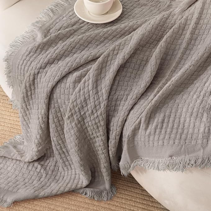 Exclusivo Mezcla Twin Size Knit Blanket with Fringes for Bed, Reversible Super Soft and Warm Woven Boho Throw for All Season, Home Decor, 60"x80", Taupe