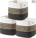 UBBCARE Set of 3 Storage Cubes 11 X 10.5 X 10.5 in, Water Hyacinth Storage Bins for Shelves, Toys, Book, Storage Baskets with Handles, Cotton Rope Woven Baskets for Organizing, Dark Grey