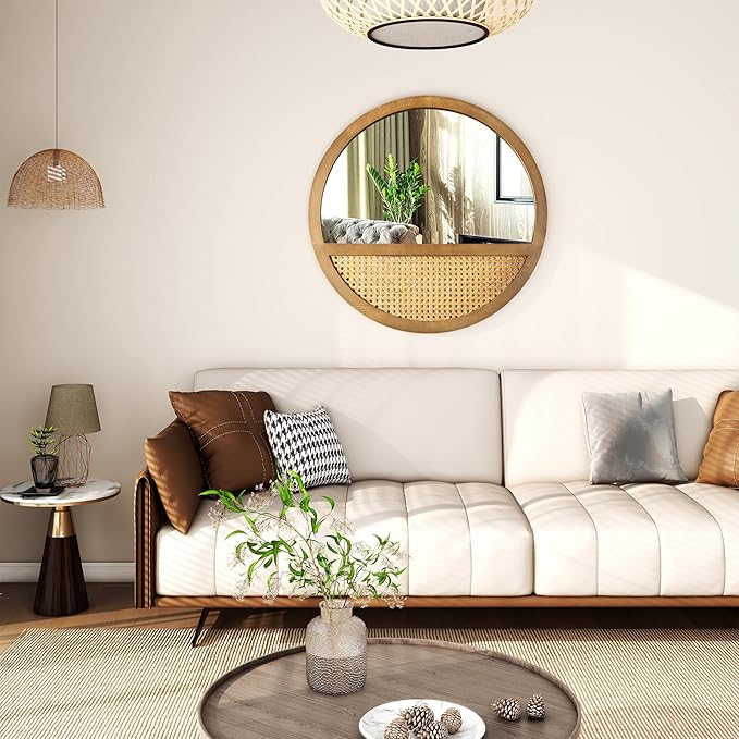 24 Inch Rattan Round Mirror, Vintage Hand-Woven Wooden Framed Wall Mirror for Living Room, Bedroom, Bathroom, Entryway Decor, Natural Hanging Decorative Mirrors for Indoor Wall Art