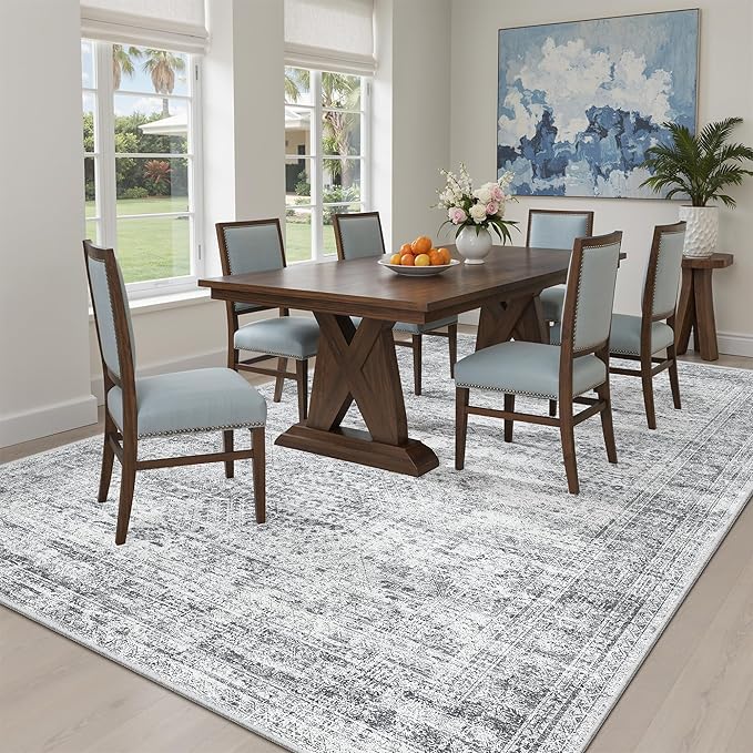 5x8 Area Rugs Grey Low Pile Indoor Washable Trendy Faded Style Rugs for Bedroom Living Room Dining Room Foldable Non-Slip Thin Print Home Office Mat