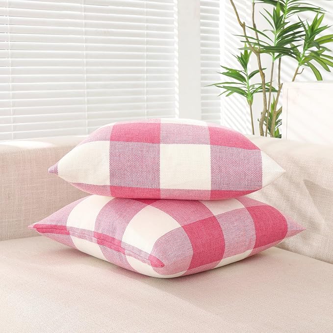 CARRIE HOME Pink Accent Pillows Decorative Throw Pillow Covers 20x20 Set of 2 Pink Gingham Farmhouse Pillow Covers 20 x 20, Boho Plaid Room Decor for Couch Porch Patio and Yard