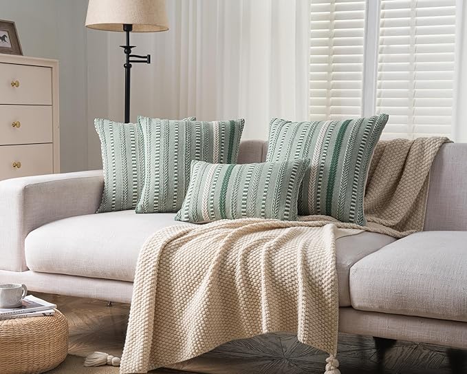 Boho Throw Pillow Covers 12x20 Inch Set of 2, Farmhouse Decorative Couch Pillow Cases, Light Green Accent Pillows of Bed, Sofa Bedroom Living Room Home Decor Cushion Cover